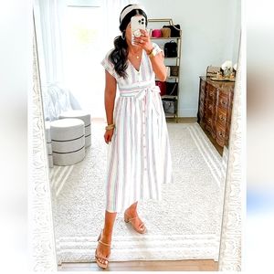 Nwot Loft White Seersucker MultiColor Shortsleeve Button Front Midi Dress